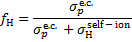 ${f_{\rm{H}}} = {{\sigma _p^{{\rm{e}}{\rm{.c}}{\rm{.}}}} \over {\sigma _p^{{\rm{e}}{\rm{.c}}{\rm{.}}} + \sigma _{\rm{H}}^{{\rm{self}} - {\rm{ion}}}}}$