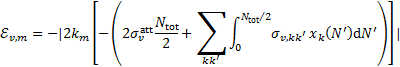 ${{\cal E}_{v,m}} = - \left| {2{k_m}\left[ { - \left( {2\sigma _v^{{\rm{att}}}{{{N_{{\rm{tot}}}}} \over 2} + \mathop \sum \limits_{kk'} \mathop \smallint \limits_0^{{N_{{\rm{tot}}}}/2} {\sigma _{v,kk'}}{x_k}\left( {N'} \right){\rm{d}}N'} \right)} \right]} \right|$