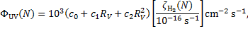 ${\Phi _{{\rm{UV}}}}(N) = {10^3}\left( {{c_0} + {c_1}{R_V} + {c_2}R_V^2} \right)\left[ {{{{\zeta _{{{\rm{H}}_2}}}(N)} \over {{{10}^{ - 16}}{{\rm{s}}^{ - 1}}}}} \right]{\rm{c}}{{\rm{m}}^{ - 2}}{{\rm{s}}^{ - 1}},$