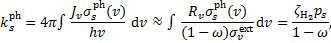 $k_s^{{\rm{ph}}} = 4\pi \mathop \smallint \nolimits^ {{{J_v}\sigma _s^{{\rm{ph}}}(v)} \over {hv}}{\rm{d}}v \approx \mathop \smallint \nolimits^ {{{R_v}\sigma _s^{{\rm{ph}}}(v)} \over {(1 - \omega )\sigma _v^{{\rm{ext}}}}}{\rm{d}}v = {{{\zeta _{{{\rm{H}}_2}}}{p_s}} \over {1 - \omega }},$