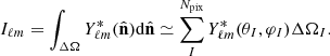 $$ \begin{aligned} I_{\ell m} = \int _{\Delta \Omega } Y^{*}_{\ell m}({\hat{\mathbf{n }}}) \mathrm{d}{\hat{\mathbf{n }}} \simeq \sum ^{N_{\rm pix}}_I Y^{*}_{\ell m}(\theta _I, \varphi _I)\Delta \Omega _I. \end{aligned} $$