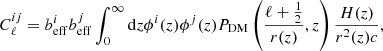 $$ \begin{aligned} C_\ell ^{ij} = b^i_{\mathrm{eff} } b^j_{\mathrm{eff} } \int _0^\infty \mathrm{d}z \phi ^i(z)\phi ^j(z) P_{\mathrm{DM} }\left(\frac{\ell +\frac{1}{2}}{r(z)}, z\right) \frac{H(z)}{r^2(z)c}, \end{aligned} $$