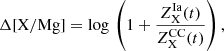 $$ \begin{aligned} \Delta \mathrm{[X/Mg]} = \mathrm{log} \, \left(1 + \frac{Z_{\rm X}^\mathrm{Ia}(t)}{Z_{\rm X}^\mathrm{CC}(t)}\right), \end{aligned} $$