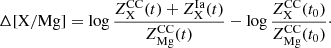 $$ \begin{aligned} \Delta \mathrm{[X/Mg]} = \mathrm{log} \, \frac{Z_{\rm X}^\mathrm{CC}(t) + Z_{\rm X}^\mathrm{Ia}(t)}{Z_{\rm Mg}^\mathrm{CC}(t)} - \mathrm{log} \, \frac{Z_{\rm X}^\mathrm{CC}(t_0)}{Z_{\rm Mg}^\mathrm{CC}(t_0)}\cdot \end{aligned} $$