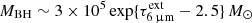 $ M_{\mathrm{BH}}\sim3\times10^5 \exp\{\tau_{{6\,{\upmu}\mathrm{m}}}^{\mathrm{ext}}-2.5\}\,M_{\odot} $