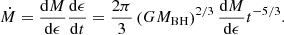 $$ \begin{aligned} \dot{M}=\frac{\mathrm{d} M}{\mathrm{d} \epsilon } \frac{\mathrm{d} \epsilon }{\mathrm{d} t}=\frac{2 \pi }{3}\left(G M_{\mathrm{BH} }\right)^{2 / 3} \frac{\mathrm{d} M}{\mathrm{d} \epsilon } t^{-5 / 3}. \end{aligned} $$
