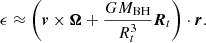 $$ \begin{aligned} \epsilon \approx \left(\boldsymbol{v} \times \boldsymbol{\Omega }+\frac{G M_{\mathrm{BH} }}{R_t^3} \boldsymbol{R}_t\right) \cdot \boldsymbol{r}. \end{aligned} $$