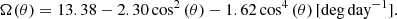 $$ \begin{aligned} \Omega (\theta ) = 13.38 - 2.30 \cos ^2{(\theta )} - 1.62 \cos ^4{(\theta )}\,[\mathrm {deg\,day}^{-1}]. \end{aligned} $$