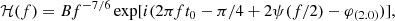 $$ \begin{aligned} \mathcal{H} (f)=Bf^{-7/6}\exp [i(2\pi ft_0-\pi /4+2\psi (f/2)-\varphi _{(2.0)})], \end{aligned} $$