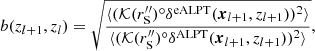 $$ \begin{aligned} b(z_{l+1},z_l)=\sqrt{\frac{\langle ({\mathcal{K} }(r^{\prime \prime }_{\rm S})^\circ \delta ^\mathrm{eALPT}(\boldsymbol{x}_{l+1},z_{l+1}))^2\rangle }{\langle ({\mathcal{K} }(r^{\prime \prime }_{\rm S})^\circ \delta ^\mathrm{ALPT}(\boldsymbol{x}_{l+1},z_{l+1}))^2\rangle }}, \end{aligned} $$