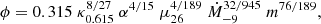 $$ \begin{aligned} \phi =0.315 \;\kappa _{0.615}^{8 / 27}\; \alpha ^{4 / 15}\; \mu _{26}^{4 / 189}\; \dot{M}_{-9}^{32 / 945}\; m^{76 / 189}, \end{aligned} $$