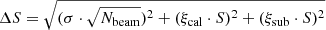 $$ \begin{aligned} \Delta S = \sqrt{(\sigma \cdot \sqrt{N_{\rm beam}})^2+(\xi _{\rm cal} \cdot S)^2 + (\xi _{\rm sub} \cdot S)^2 } \end{aligned} $$