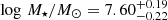 $ \log\,M_\star/M_\odot=7.60^{+0.19}_{-0.22} $