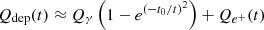 $$ \begin{aligned} Q_{\rm dep}(t) \approx Q_\gamma \left(1- e^{\left(-t_0/t\right)^2}\right) + Q_{e^+}(t) \end{aligned} $$