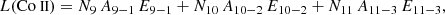 $$ \begin{aligned} L ({\mathrm{{\text{Co}}{\small {{\text{ II}}}}}}) = N_9\,A_{9-1}\,E_{9-1} + N_{10}\,A_{10-2}\,E_{10-2} + N_{11}\,A_{11-3}\,E_{11-3}, \end{aligned} $$