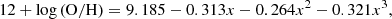 $$ \begin{aligned} 12 + \log \left( \mathrm{O/H} \right) = 9.185 - 0.313 x - 0.264 x^2 - 0.321 x^3, \end{aligned} $$