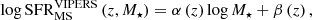 $$ \begin{aligned} \log \mathrm{SFR}_{\rm MS}^\mathrm{VIPERS} \left( z , M_\star \right) = \alpha \left( z \right) \log M_\star + \beta \left( z \right), \end{aligned} $$