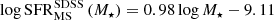 $$ \begin{aligned} \log \mathrm{SFR}_{\rm MS}^\mathrm{SDSS} \left( M_\star \right) = 0.98 \log M_\star - 9.11 \end{aligned} $$