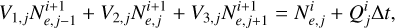 ${V_{1,j}}N_{e,j - 1}^{i + 1} + {V_{2,j}}N_{e,j}^{i + 1} + {V_{3,j}}N_{e,j + 1}^{i + 1} = N_{e,j}^i + Q_j^i\Delta t,$