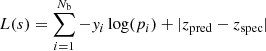 $$ \begin{aligned} L(s) = \sum _{i=1}^{N_{\rm b}} - { y}_{i}\log (p_{i}) + |z_{\rm pred} - z_{\rm spec}| \end{aligned} $$
