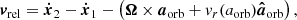 $$ \begin{aligned} \boldsymbol{v}_\mathrm{rel} = \boldsymbol{\dot{x}}_2 - \boldsymbol{\dot{x}}_1 - \left(\boldsymbol{\Omega } \times \boldsymbol{a}_\mathrm{orb} + v_r(a_\mathrm{orb} ) \boldsymbol{\hat{a}}_\mathrm{orb} \right), \end{aligned} $$