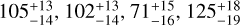 $105_{ - 14}^{ + 13},102_{ - 14}^{ + 13},71_{ - 16}^{ + 15},125_{ - 19}^{ + 18}$