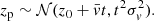 $$ \begin{aligned} z_{\rm p} \sim \mathcal{N} (z_0+\bar{v}t,t^2\sigma _v^2). \end{aligned} $$