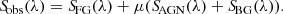 $$ \begin{aligned} {S\!}_{\rm obs}(\lambda ) = {S\!}_{\rm FG}(\lambda ) + \mu ({S\!}_{\rm AGN}(\lambda ) + {S\!}_{\rm BG}(\lambda )). \end{aligned} $$