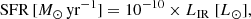 $$ \begin{aligned} \mathrm{SFR}\,[{M_\odot \,\mathrm{yr}^{-1}}] = 10^{-10} \times {L_{\rm IR} \ [L_\odot ]}, \end{aligned} $$