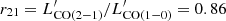 $ r_{21} = L^\prime_{\rm CO(2{-}1)}/L^\prime_{\rm CO(1{-}0)} = 0.86 $