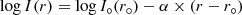 $$ \begin{aligned} \log I (r) = \log I_{\circ } (r_{\circ }) - \alpha \times (r - r_{\circ }) \end{aligned} $$