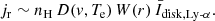 $$ \begin{aligned} j_{\rm r} \sim n_{\rm H} \, D(v,T_{\rm e}) \, W(r) \, \bar{I}_{\rm disk,Ly\text{-}\alpha }. \end{aligned} $$
