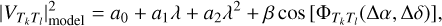 ${\Phi _{{T_i}{T_j}}} = {{2\pi } \over \lambda }\left( {\Delta \alpha \times {u_{ij}} + \Delta \delta \times {v_{ij}}} \right).$