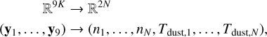 $\eqalign{ & {^{9K}} \to {^{2N}} \cr & \left( {{{\bf{y}}_1}, \ldots ,{{\bf{y}}_9}} \right) \to \left( {{n_1}, \ldots ,{n_N},{T_{{\rm{dust }},1}}, \ldots ,{T_{{\rm{dust }},N}}} \right), \cr} $