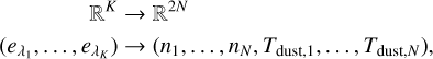 $\eqalign{ & {^K} \to {^{2N}} \cr & \left( {{e_{{\lambda _1}}}, \ldots ,{e_{{\lambda _K}}}} \right) \to \left( {{n_1}, \ldots ,{n_N},{T_{{\rm{dust }},1}}, \ldots ,{T_{{\rm{dust }},N}}} \right), \cr} $