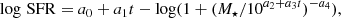 $$ \begin{aligned} {\log \,\mathrm {SFR}=}\ a_0+a_1t-\log (1+(M_{\star }/10^{a_2+a_3t})^{-a_4}) ,\end{aligned} $$