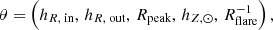 $$ \begin{aligned} \theta = \left(h_{R,\text{ in}},\, h_{R,\text{ out}},\, R_{\text{peak}},\, h_{Z,\odot } ,\, R_{\mathrm{flare} }^{-1} \right), \end{aligned} $$