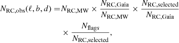 $$ \begin{aligned} N_{\text{RC,obs}}(\ell ,b,d) =&N_{\text{RC,MW}} \times \frac{ N_{\text{RC,Gaia}} }{ N_{\text{RC,MW}} } \times \frac{ N_{\text{RC,selected}} }{ N_{\text{RC,Gaia}} } \nonumber \\&\times \frac{ N_{\text{flags}} }{ N_{\text{RC,selected}} }, \end{aligned} $$