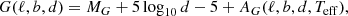 $$ \begin{aligned} G(\ell ,b,d) = M_G + 5 \log _{10} d - 5 + A_G (\ell ,b,d,T_{\mathrm{eff} }) , \end{aligned} $$