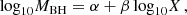 $$ \begin{aligned} \mathrm{log}_{10}M_{\rm BH}=\alpha + \beta \, \mathrm{log}_{10} X \, , \end{aligned} $$