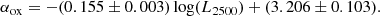 $$ \begin{aligned} \alpha _{\rm ox} = -(0.155\pm 0.003)\log (L_{2500})+(3.206\pm 0.103). \end{aligned} $$