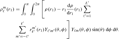 $$ \begin{aligned} \rho _\ell ^m(r_1)&= \int _0^{\pi } \int _0^{2\pi } \left[ \rho (r_1)- r_1\frac{\text{d}\rho }{\text{d}r_1}(r_1)\sum ^{L^\prime }_{\ell ^\prime =1}\right. \\&\left. \sum ^{\ell ^\prime }_{m^\prime =-\ell ^\prime } r_{\ell ^\prime }^{m^\prime }(r_1) Y_{\ell ^\prime m^\prime }(\theta ,\phi ) \right] Y_{\ell m}(\theta ,\phi )\sin (\theta ) \text{ d}\phi \text{ d}\theta . \nonumber \end{aligned} $$