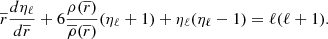$$ \begin{aligned} \overline{r}\frac{d \eta _{\ell }}{d\overline{r}}+6\frac{\rho (\overline{r})}{\overline{\rho }(\overline{r})}(\eta _{\ell }+1)+\eta _{\ell }(\eta _{\ell }-1)=\ell (\ell +1). \end{aligned} $$