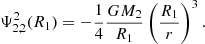 $$ \begin{aligned}&\Psi _{2,2}^2(R_{\text{1}})= -\dfrac{1}{4}\dfrac{GM_2}{R_{\text{1}}} \left(\dfrac{R_{\text{1}}}{r} \right)^{3}. \end{aligned} $$