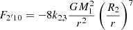 $$ \begin{aligned} F_{2^{\prime }10}= - 8k_{2,3}\dfrac{GM_1^2}{r^2}\left(\dfrac{R_{\text{2}}}{r} \right)^{7} \end{aligned} $$