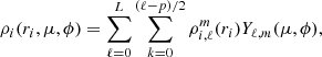 $$ \begin{aligned} \rho _i(r_i,\mu , \phi )=\sum ^L_{\ell =0} \sum ^{(\ell -p)/2}_{k=0} \rho _{i, \ell }^m (r_i) Y_{\ell , m} (\mu , \phi ), \end{aligned} $$