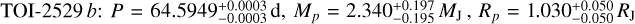 $${\rm{TOI - 2529 }}b{\rm{: }}P{\rm{ = }}64.5949_{ - 0.0003}^{ + 0.0003}{\rm{d}},{M_p} = 2.340_{ - 0.195}^{ + 0.197}{M_{\rm{J}}},{R_p} = 1.030_{ - 0.050}^{ + 0.050}{R_{\rm{J}}}$$