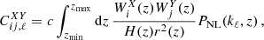 $$ \begin{aligned} C^{XY}_{ij,\ell } = c\int _{z_{\rm min}}^{z_{\rm max}}\mathrm{d} z\,{\frac{W_i^X(z)W_j^Y(z)}{H(z)r^2(z)}P_{\rm NL}(k_\ell ,z)} \,, \end{aligned} $$