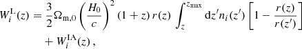 $$ \begin{aligned} W_i^\mathrm{L}(z) =&\; \frac{3}{2}\Omega _{\mathrm{m} ,0} \left(\frac{H_0}{c}\right)^2(1+z)\,r(z)\, \int _z^{z_{\rm max}}{\mathrm{d} z^\prime n_i(z^\prime )\left[1-\frac{r(z)}{r(z^\prime )}\right]}\nonumber \\&+W^\mathrm{IA}_i(z) \,, \end{aligned} $$