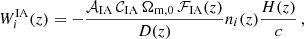 $$ \begin{aligned} W^\mathrm{IA}_i(z)=-\frac{\mathcal{A} _{\rm IA}\,\mathcal{C} _{\rm IA}\,\Omega _{\rm m,0}\,\mathcal{F} _{\rm IA}(z)}{D(z)}n_i(z)\frac{H(z)}{c} \,, \end{aligned} $$